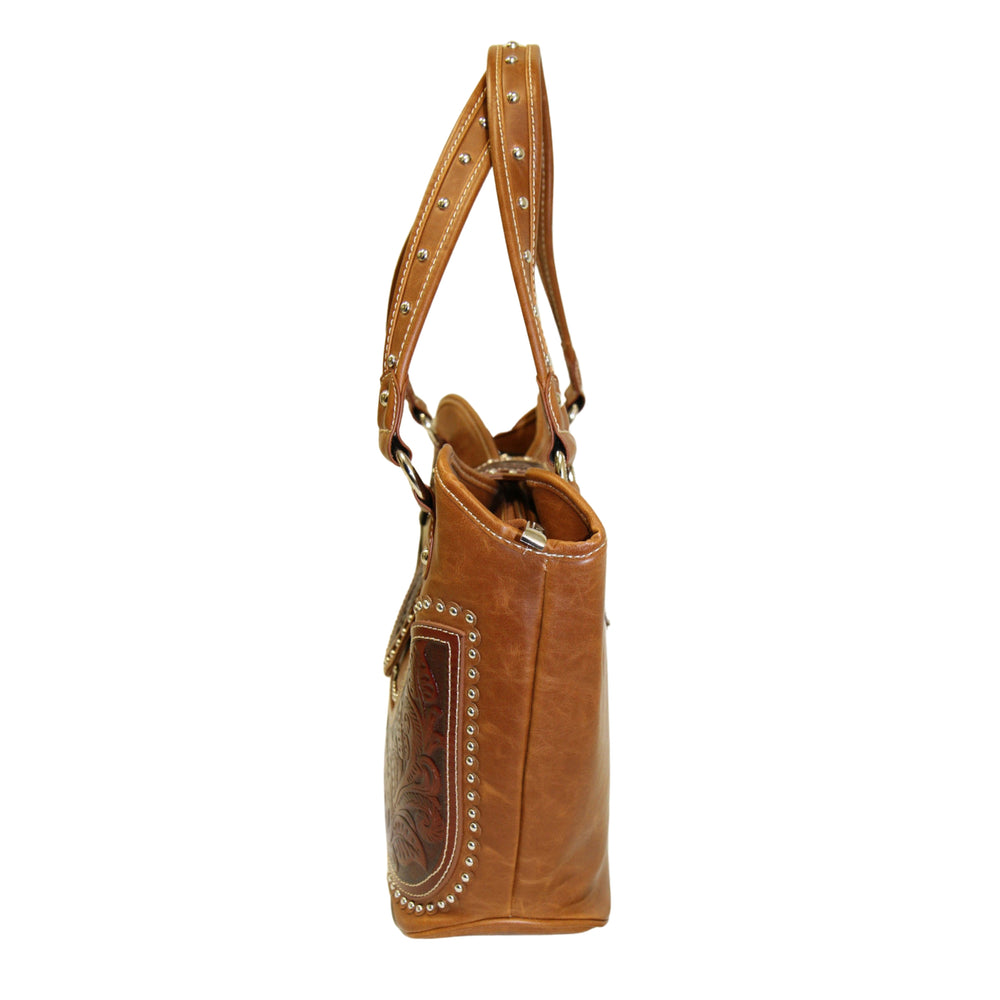 Concealed Carry Western Tooled Leather Purse Brown with dual shoulder straps