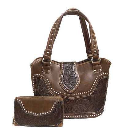 Concealed Carry Western Tooled Leather Purse and Wallet - Coffee