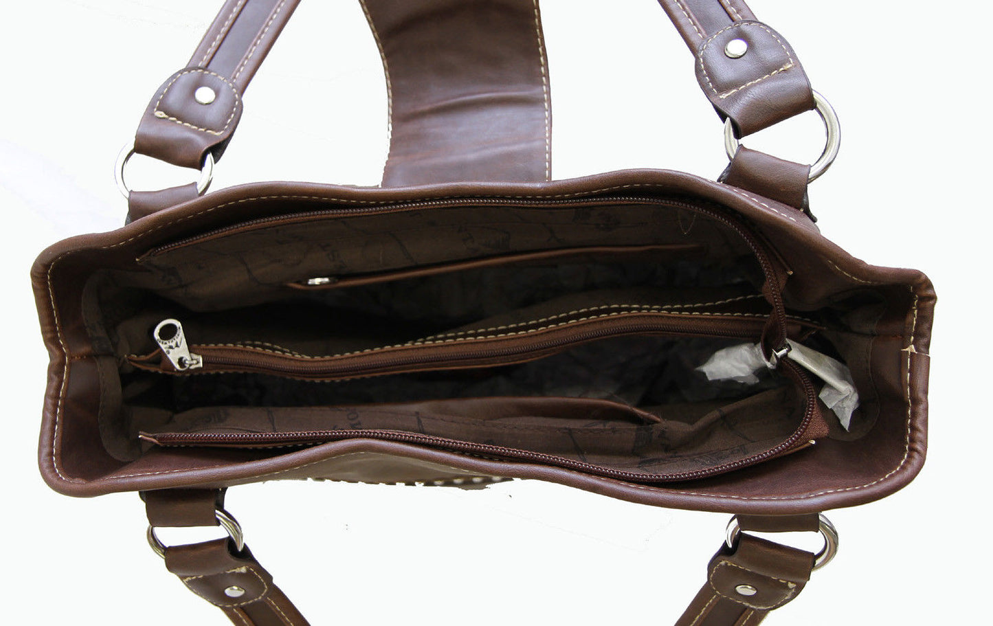 Concealed Carry Western Tooled Leather Shoulder Bag multicompartment interior - coffee