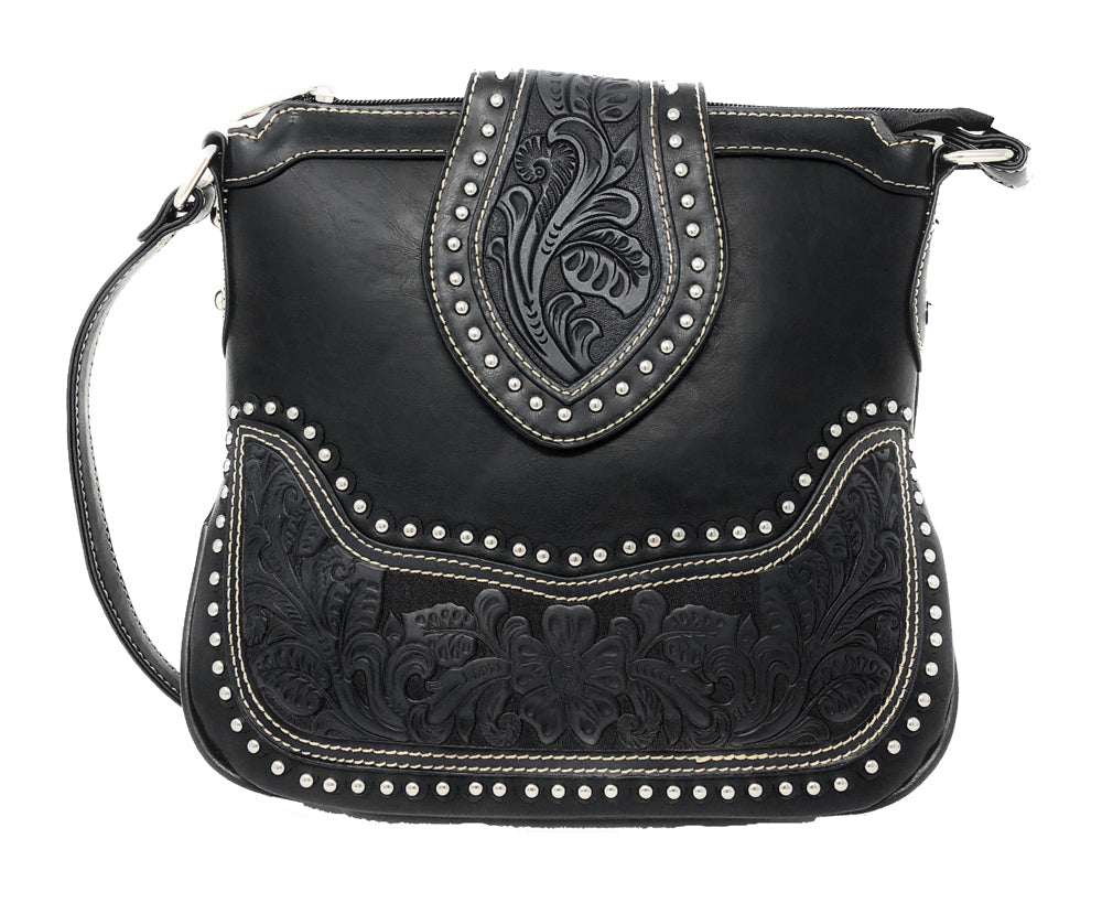 Concealed Carry Tooled Leather Crossbody Purse in black 