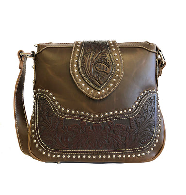 Concealed Carry Tooled Leather Crossbody Purse in coffee color