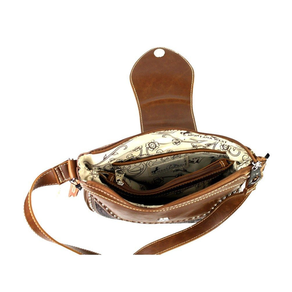 Concealed Carry Tooled Leather Crossbody Purse Coffee inner compartments