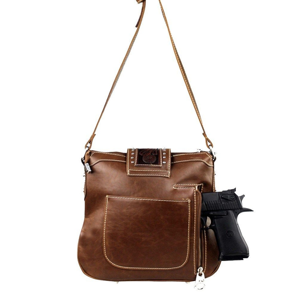 Montana West Concealed Carry Western Tooled Leather Crossbody Purse - Coffee Back