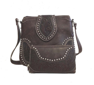 Montana West Concealed Carry Western Tooled Leather Crossbody Purse and Wallet - Coffee