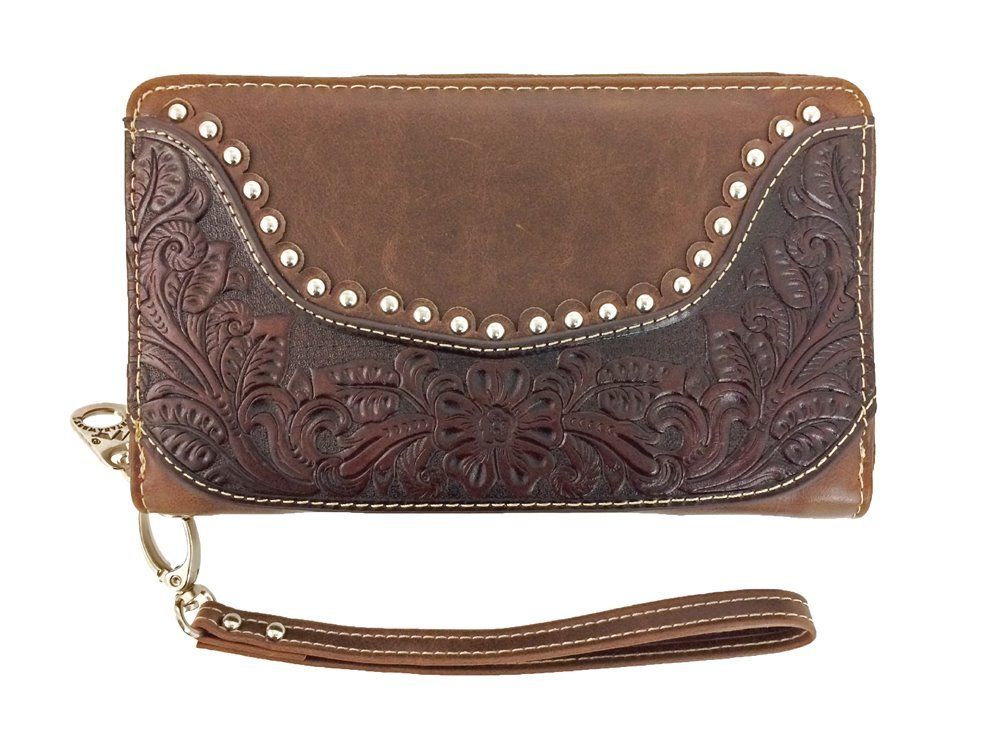 Montana West Concealed Carry Western Tooled Leather Crossbody Wallet - Coffee Front