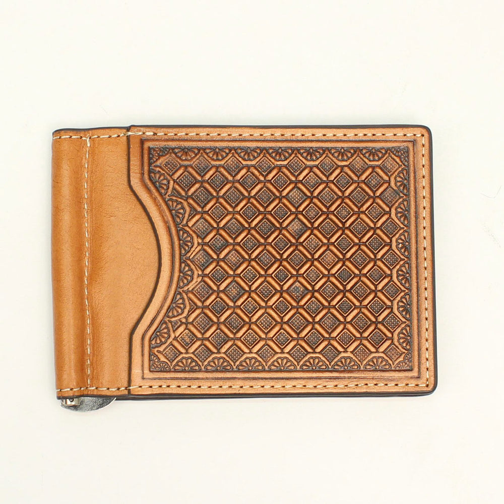 Nocona Mens Leather Tooled Bifold Money Clip Natural