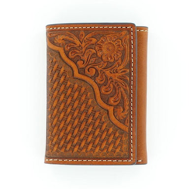 Nocona Mens Leather Tooled Wallet Tan Trifold