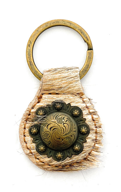 Montana West Real Leather Hair-On Cowhide Key Chain - Engraved Berry Concho Brown