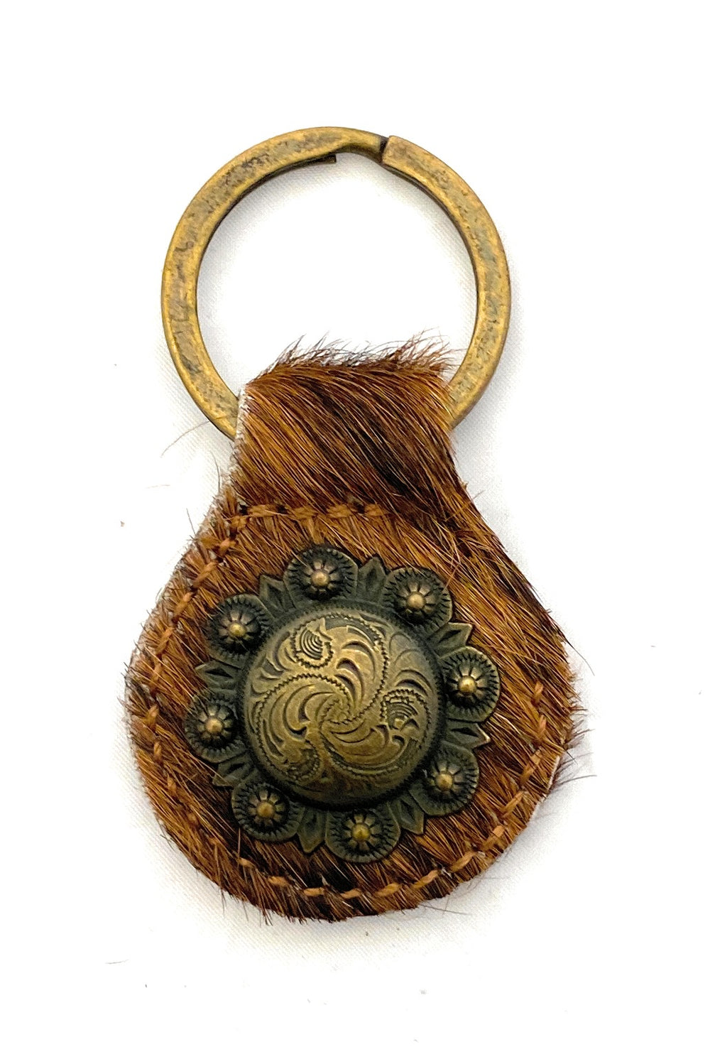 Montana West Real Leather Hair-On Cowhide Key Chain - Engraved Berry Concho Brown