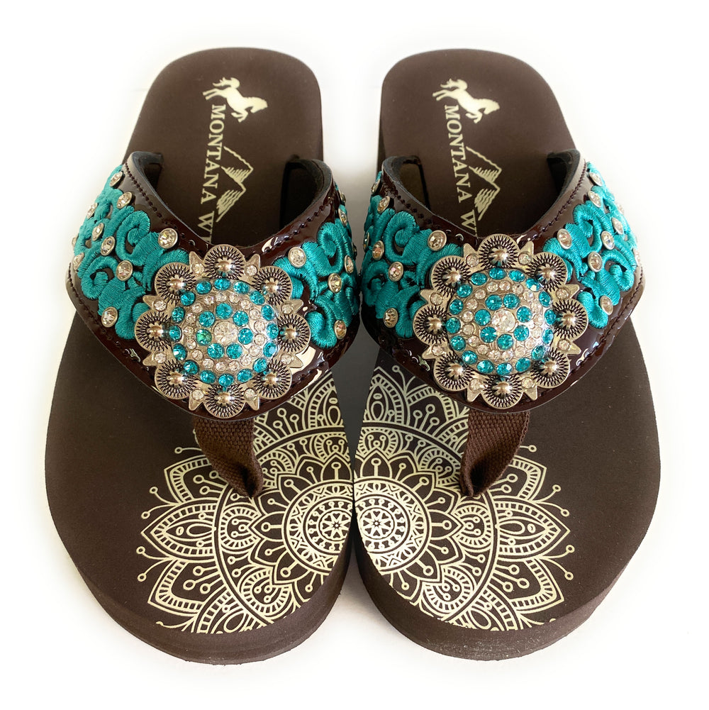 Embroidered Rhinestone Wedge Flip Flop - Turquoise