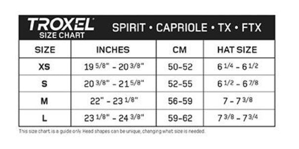 Troxel Spirit Helmet - Black Size Chart